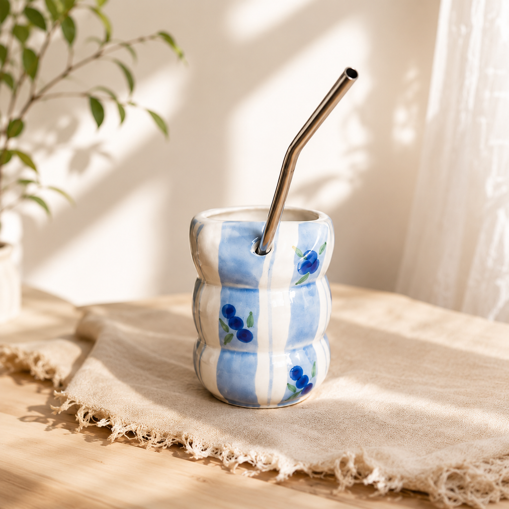 Blueberry Ceramic Tumbler with Straw