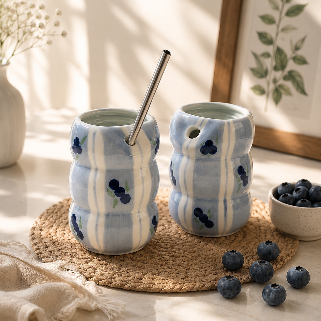 Blueberry Ceramic Tumbler with Straw