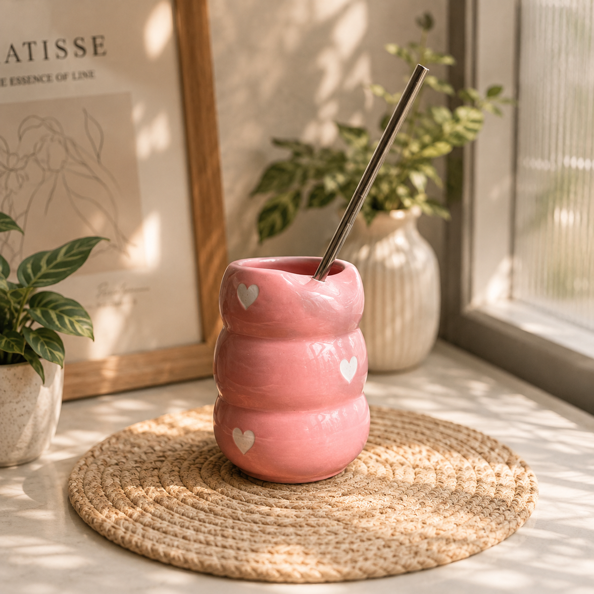 Pink Heart Ceramic Tumbler with Straw