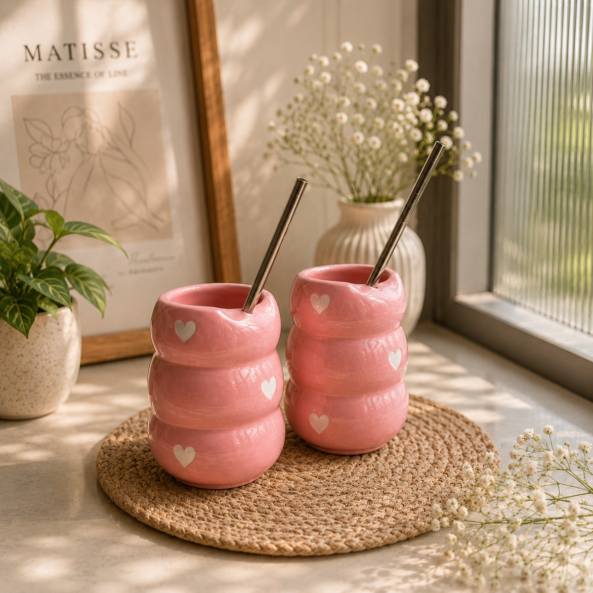 Pink Heart Ceramic Tumbler with Straw