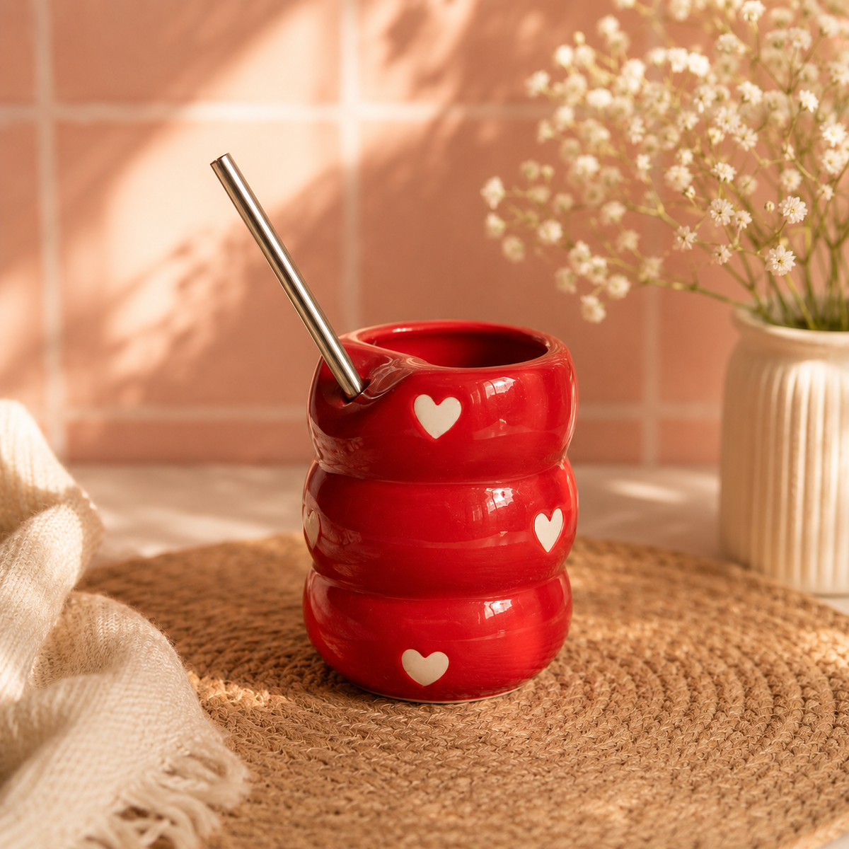 Red Heart Ceramic Tumbler with Straw