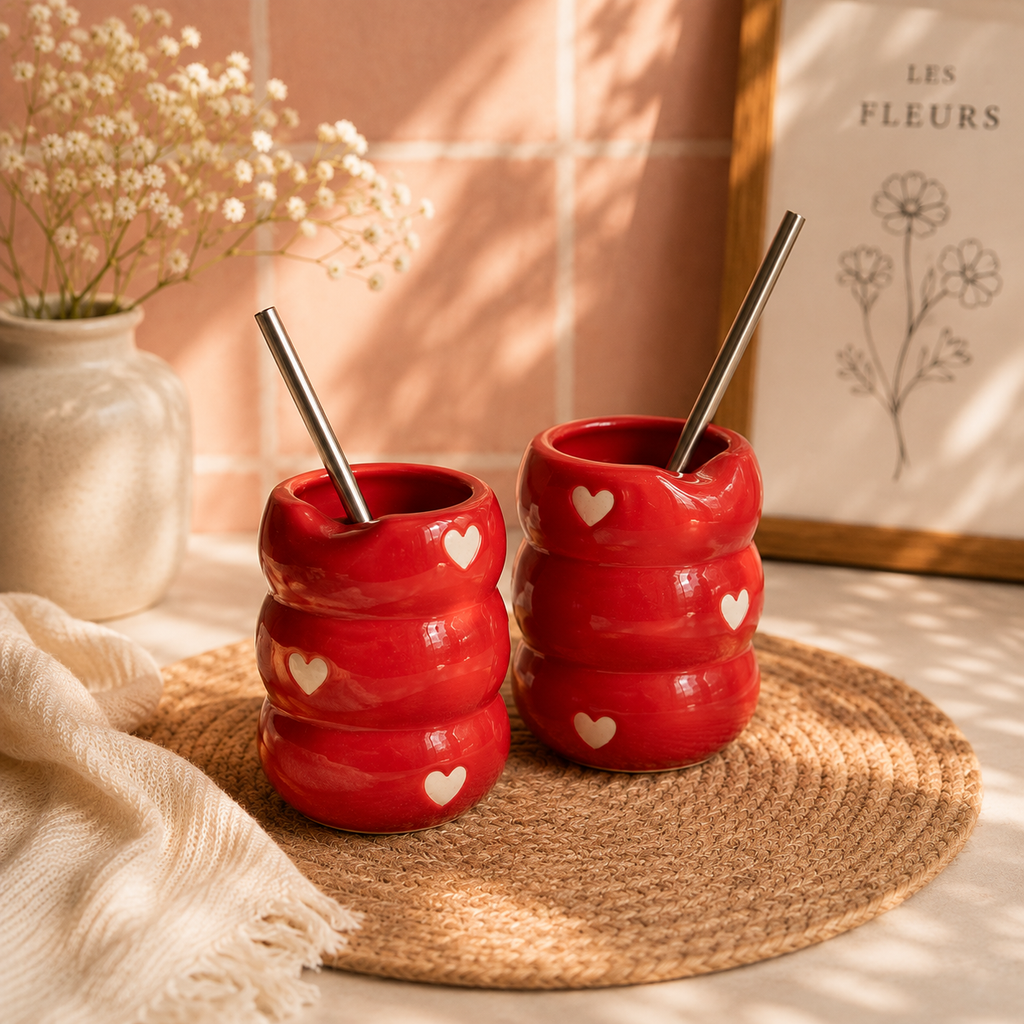 Red Heart Ceramic Tumbler with Straw
