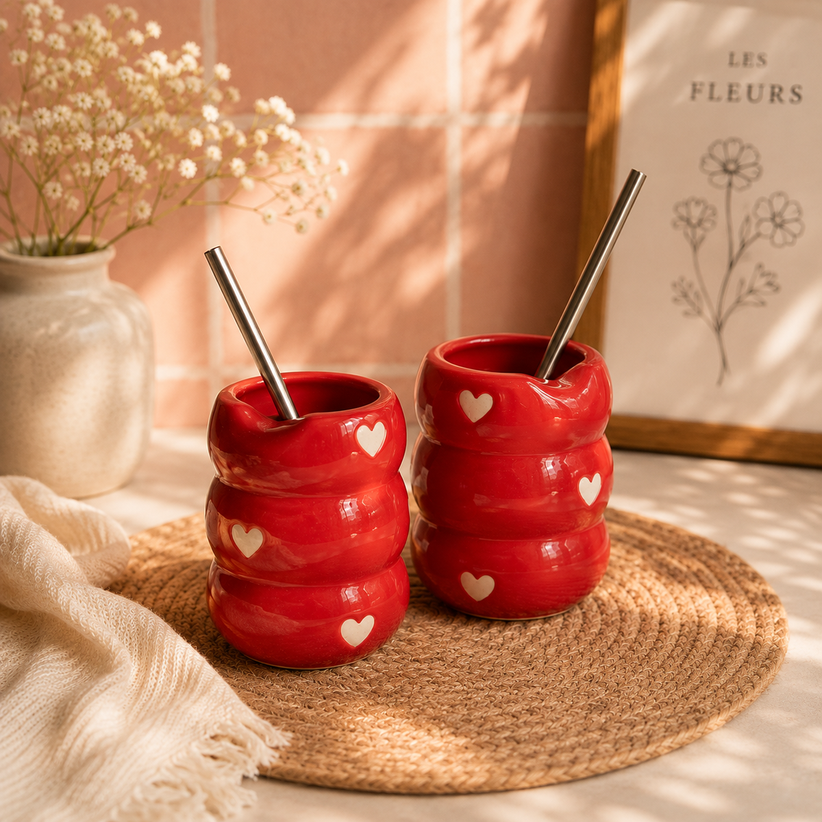 Red Heart Ceramic Tumbler with Straw