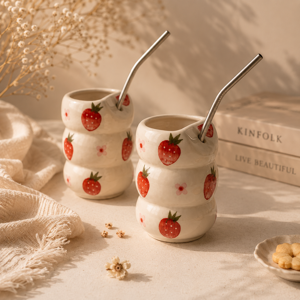 Strawberry Ceramic Tumbler with Straw